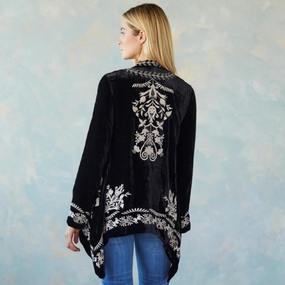 Sundance Left Bank Embroidered Cardigan Black Silk Velvet